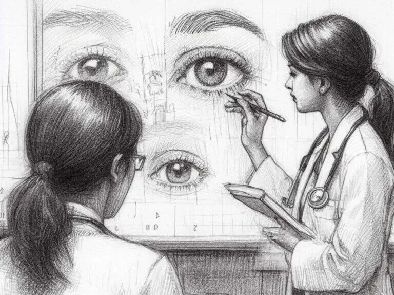 Pencil image of a doctor teaching ophthalmology.