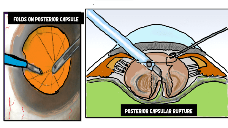 image illustrating the posterior capsular rupture(PCR), complication of the cataract surgery.