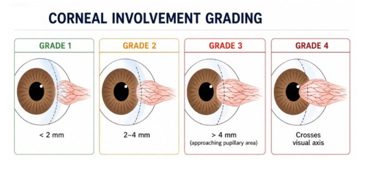 Alt text: Diagram showing grading of pterygium based on the extent of corneal encroachment