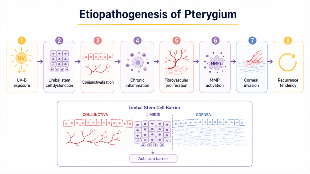 Etiopathogenesis of pterygium showing UV exposure, limbal dysfunction, inflammation and corneal invasion