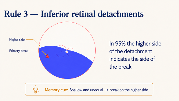 Lincoff Rule 3 showing a shallow inferior retinal detachment with unequal borders, where the higher side indicates the side of the retinal break.