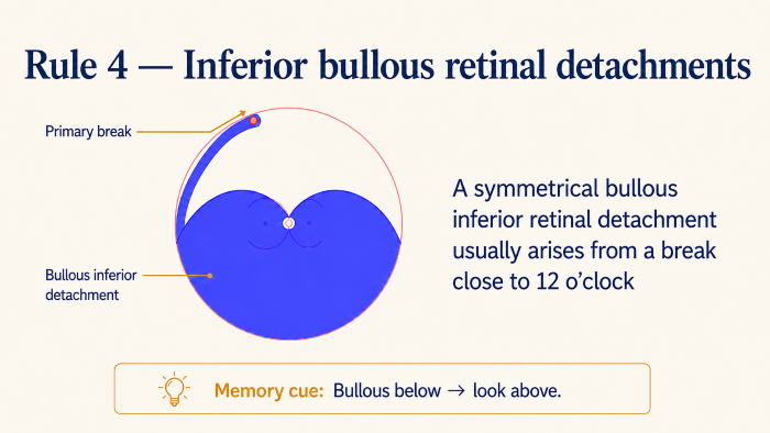 Lincoff Rule 4 showing a symmetrical bullous inferior retinal detachment arising from a superior retinal break near 12 o’clock.