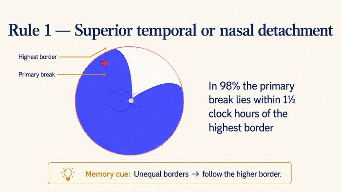 Lincoff Rule 1 showing a superior temporal or nasal retinal detachment with unequal borders and the primary break near the highest border.