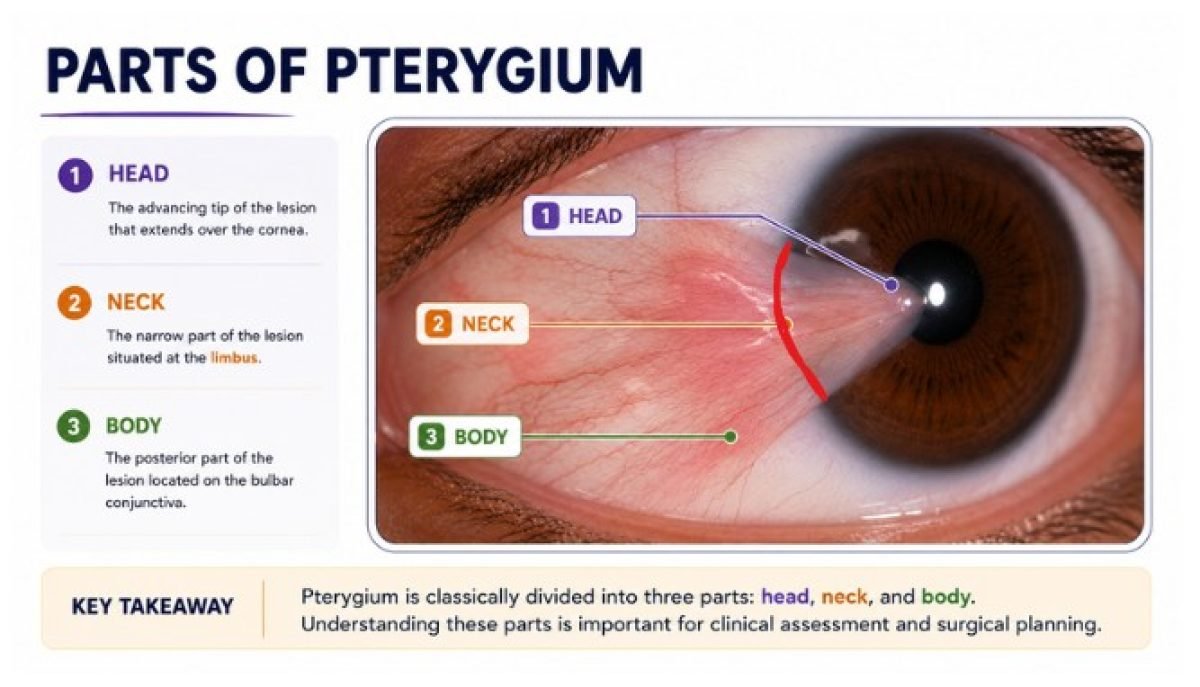 Annotated diagram showing the head, neck and body of a pterygium