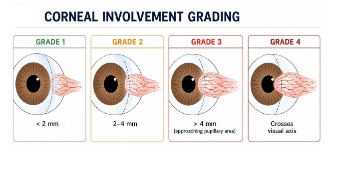 Alt text: Diagram showing grading of pterygium based on the extent of corneal encroachment